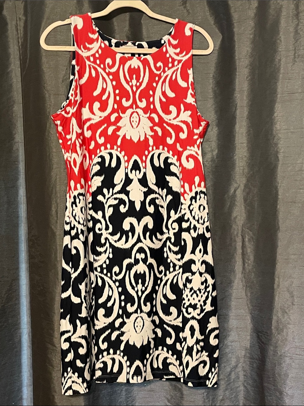 Sleeveless Red, Navy & White Patterned Shift Dress